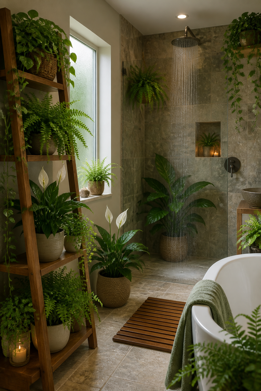 A bathroom oasis featuring multiple humidity-loving plants including ferns and peace lilies arranged on wooden ladder shelves, a rainfall shower visible in the background, natural stone tiles, and soft natural light filtering through a frosted window