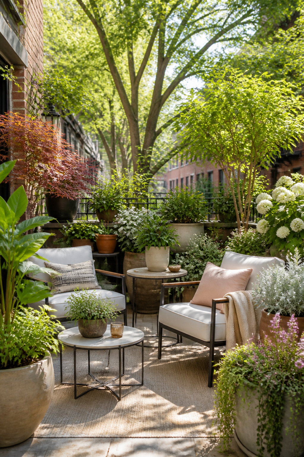 Close-up of afternoon sunlight streaming through urban garden foliage, illuminating glossy green leaves with dramatic backlighting, showing texture and dewdrops, with blurred brick wall and climbing vines in soft focus background