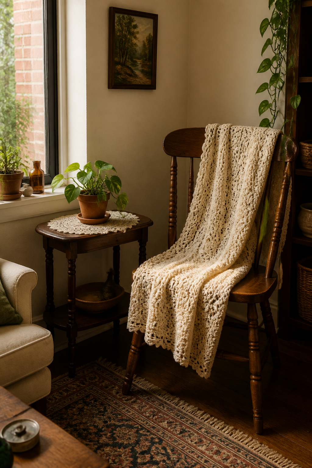 A cozy small apartment corner featuring a vintage wooden chair with a cream-colored crocheted throw blanket draped over it, next to a thrifted side table with a crocheted doily and small potted plant, warm natural lighting streaming through a nearby window