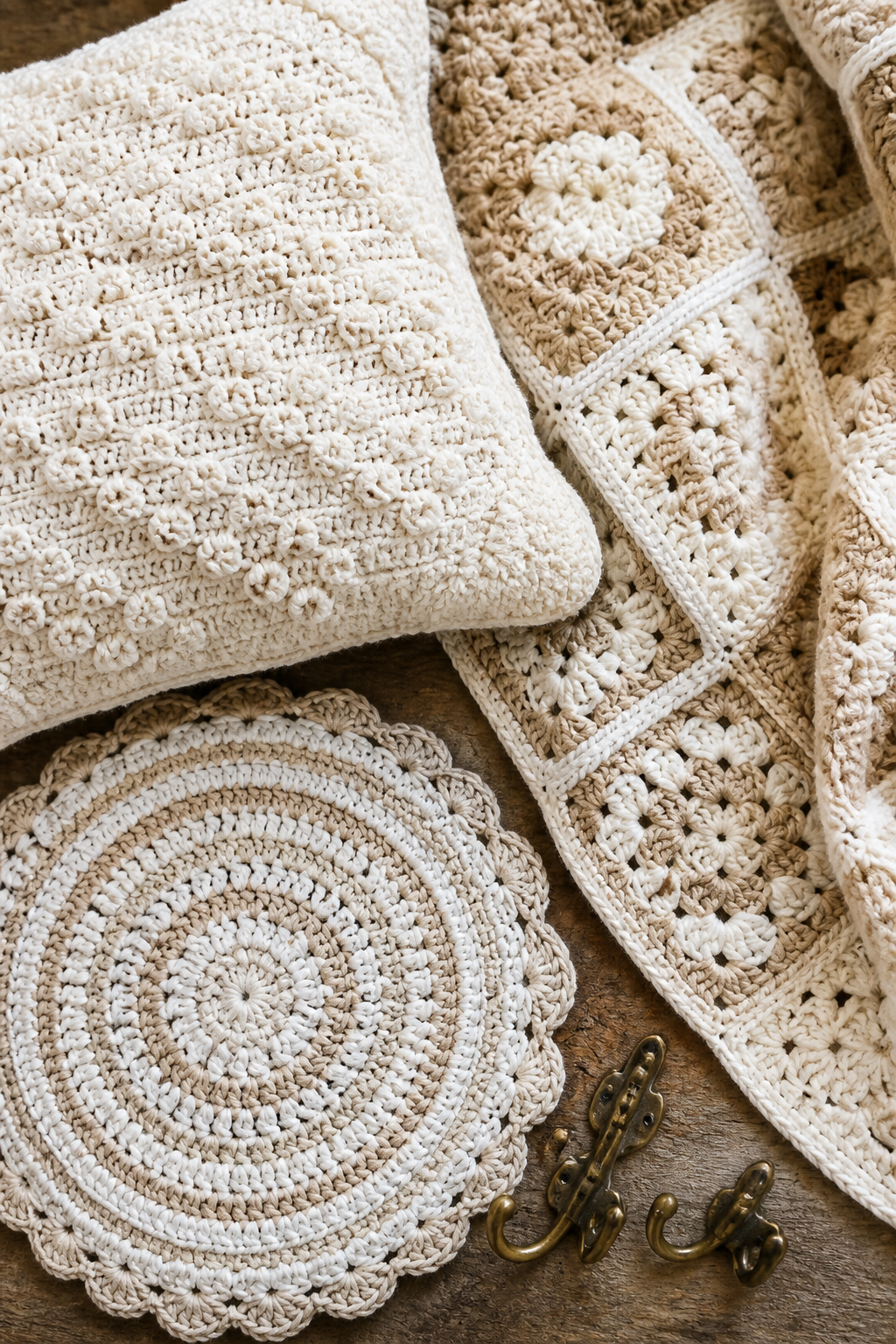 Close-up overhead view of a collection of handmade crochet items in neutral tones (white, cream, beige) including a textured pillow cover, granny square blanket, and circular rug sample, arranged on a rustic wooden surface with vintage brass hooks visible