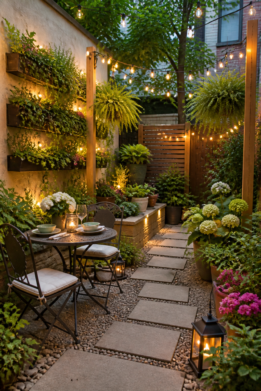 Small city backyard transformed into intimate sanctuary with vertical wall planters, hanging ferns, a bistro table set for two, fairy lights strung between wooden posts, and pavers creating a charming pathway through container gardens