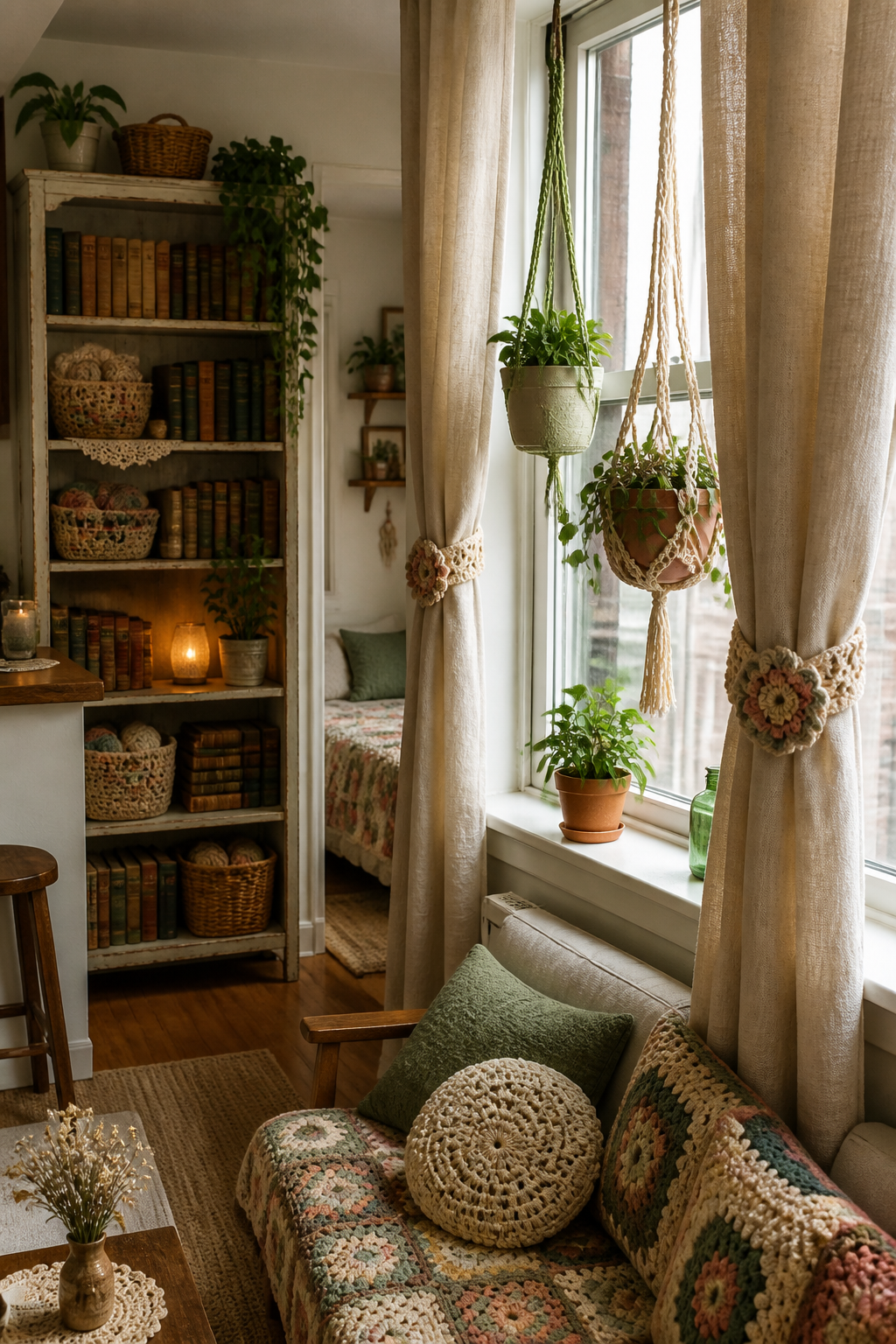 A tiny studio apartment living space showing crocheted curtain tiebacks holding back linen curtains, with crocheted plant hangers suspending small plants near a window, vintage bookshelf visible in the background filled with old books and crochet baskets
