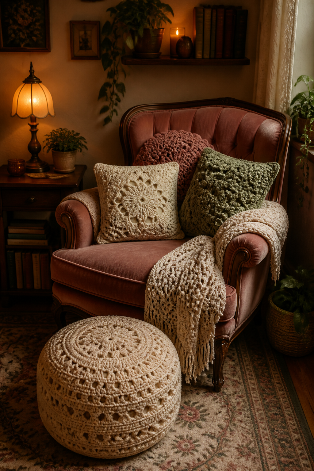 A vintage velvet armchair in dusty rose or sage green with multiple crocheted throw pillows in different textures and patterns, paired with a crocheted pouf ottoman, situated in a small reading nook with warm ambient lighting