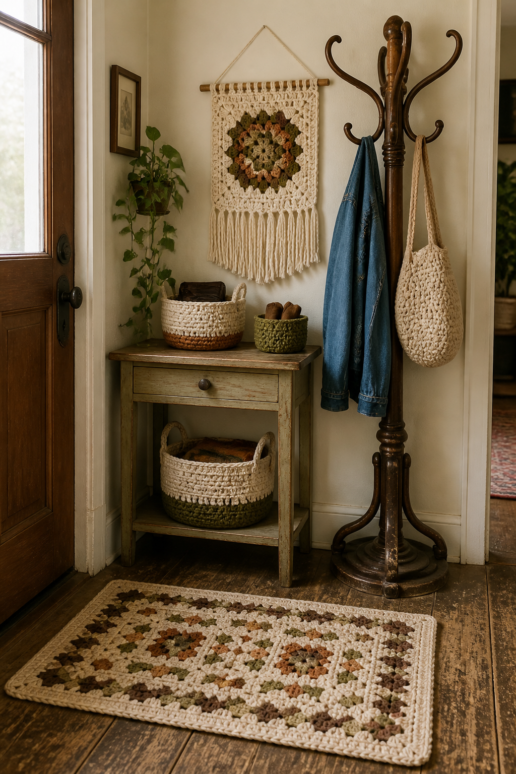 An organized small entryway featuring a vintage coat rack with crocheted wall hanging beside it, crocheted storage baskets on a narrow thrifted console table, and a handmade crochet doormat on worn wooden floors