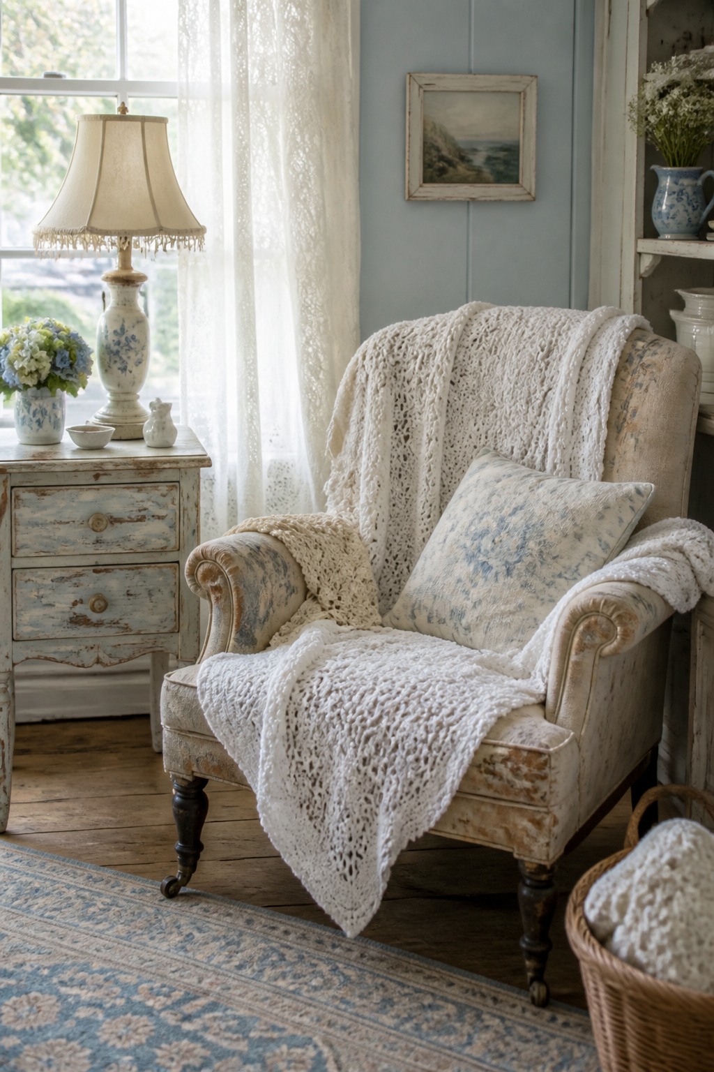 A cozy cottage living room corner with a worn vintage armchair draped with white and cream crocheted afghans, soft natural light streaming through lace curtains, distressed wooden side table with an antique lamp, pale blue and cream color palette