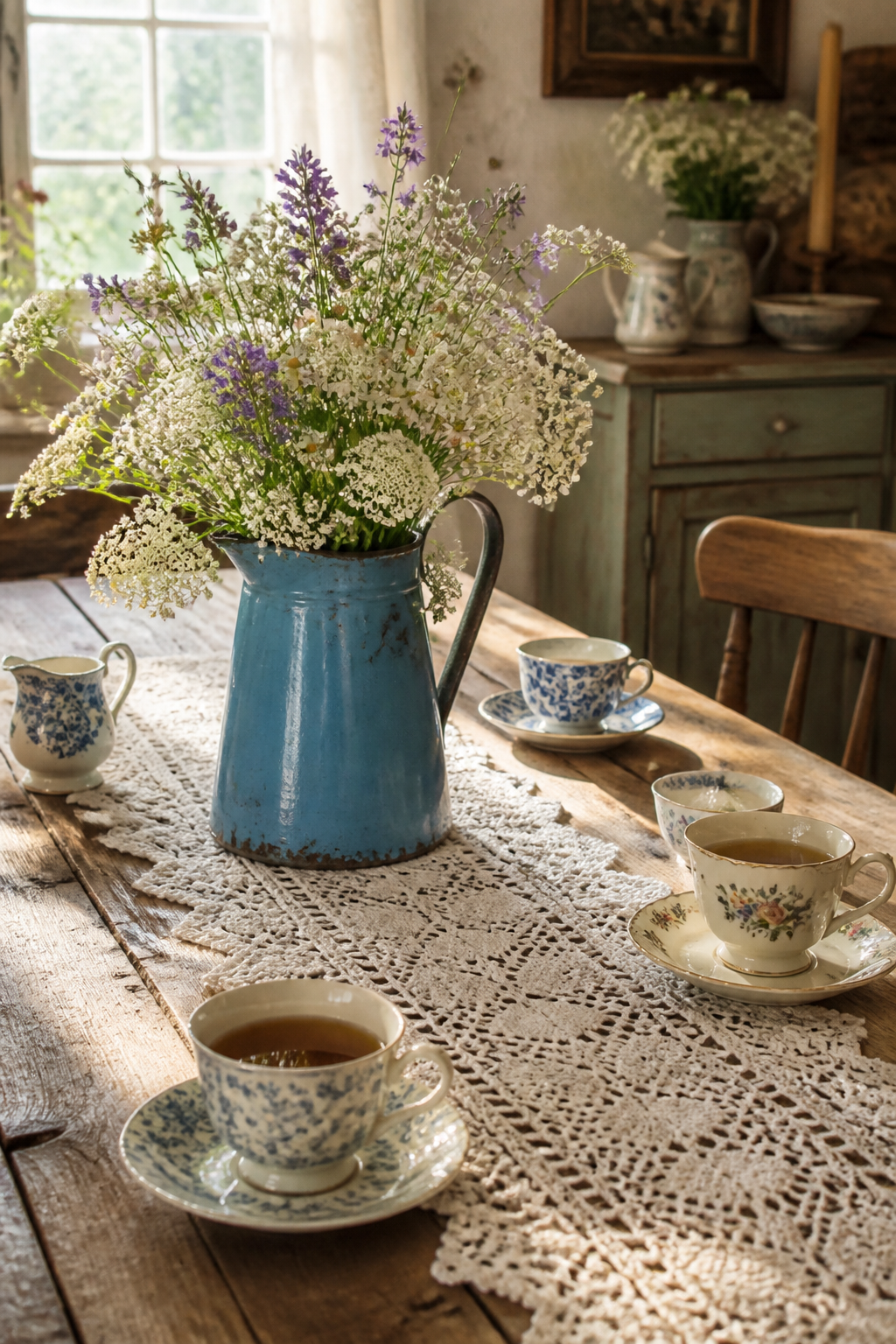 A rustic wooden farmhouse table styled with a white crocheted table runner, vintage blue enamel pitcher filled with fresh wildflowers and baby's breath, antique teacups and saucers, soft morning sunlight