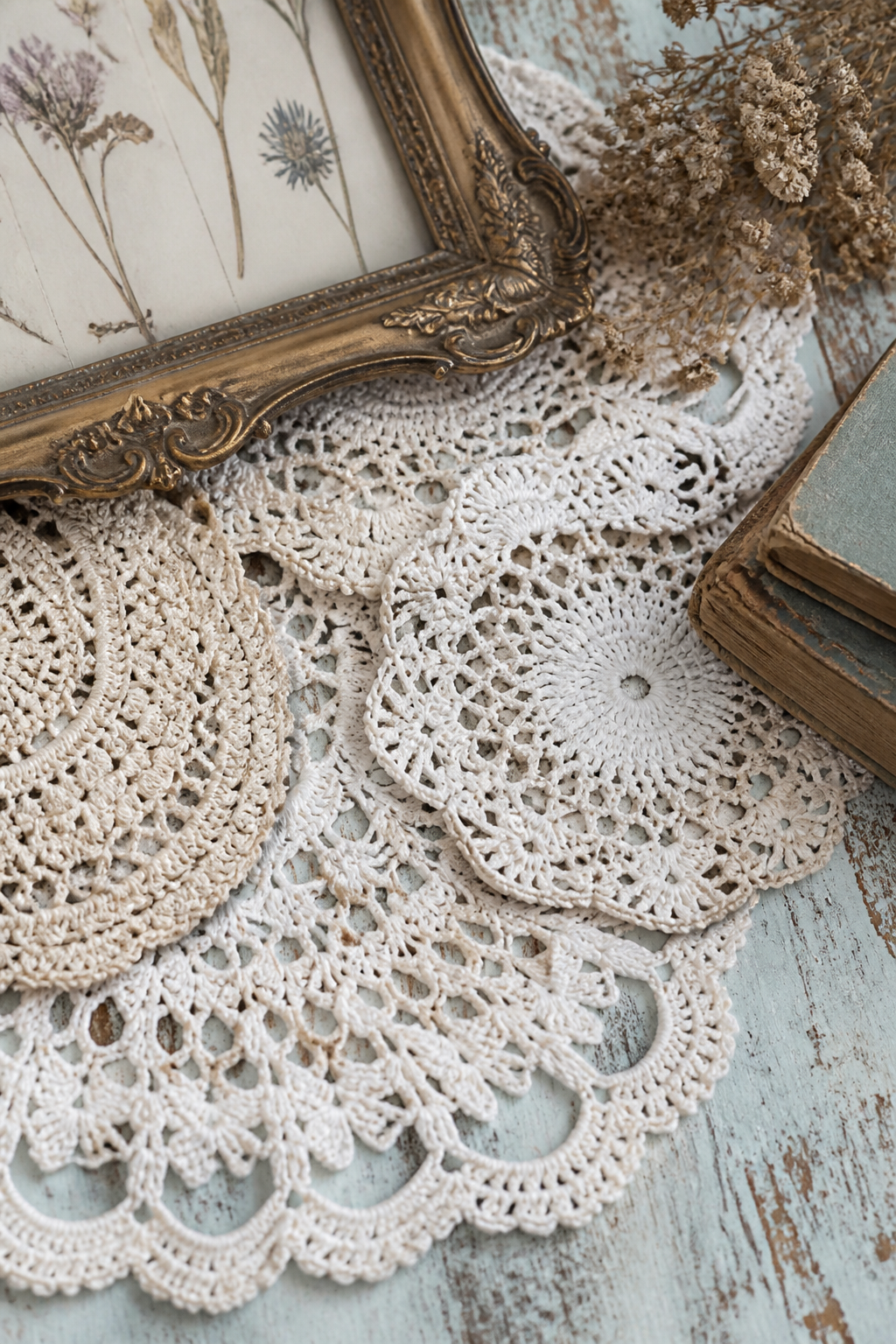 Close-up flatlay of layered vintage crocheted doilies in white and cream on a distressed pale blue painted wood surface, with antique brass picture frame showing botanical prints, dried flowers, and weathered books