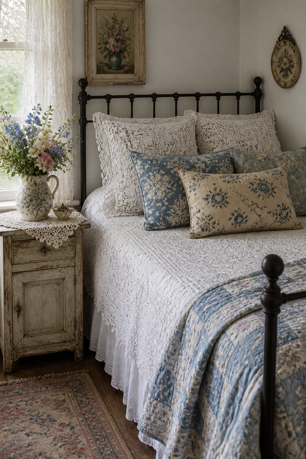 A cottage bedroom featuring an iron bed frame with white crocheted bedspread and pillow shams, stacked vintage floral pillows in blue tones, distressed nightstand with lace doily and fresh flowers in antique vase