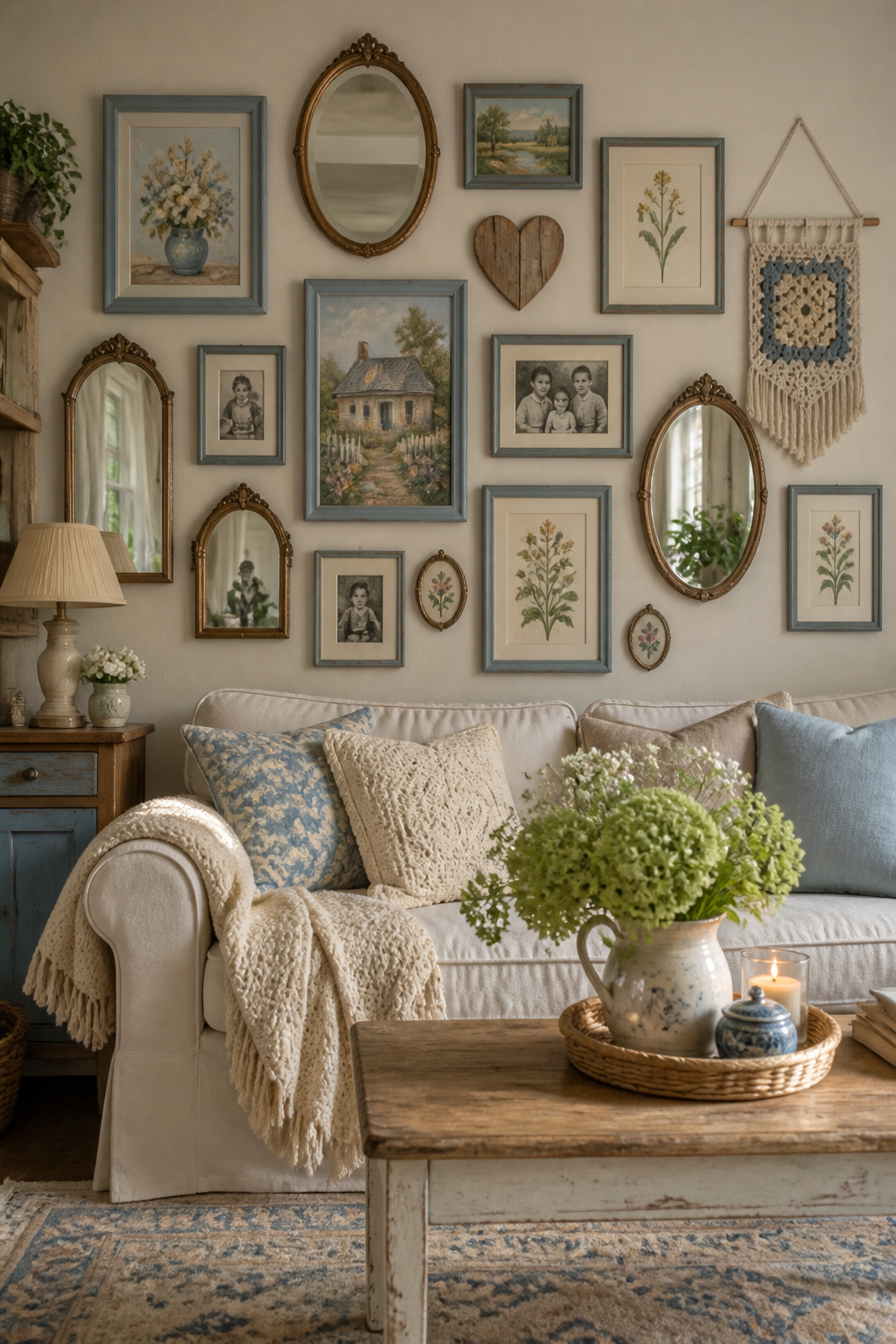 A sunlit cottage kitchen windowsill decorated with collection of vintage blue and white enamelware, crocheted pot holders hanging on hooks, mason jars with fresh garden flowers, worn painted wood shelving