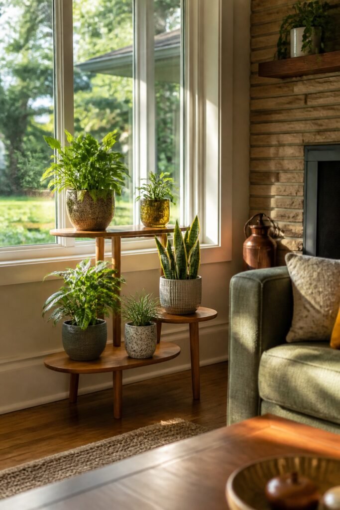 A cozy corner of a mid-century ranch home with large bright windows, featuring a small curated collection of potted houseplants on a wooden plant stand, natural sunlight streaming in, warm and inviting atmosphere, realistic home interior