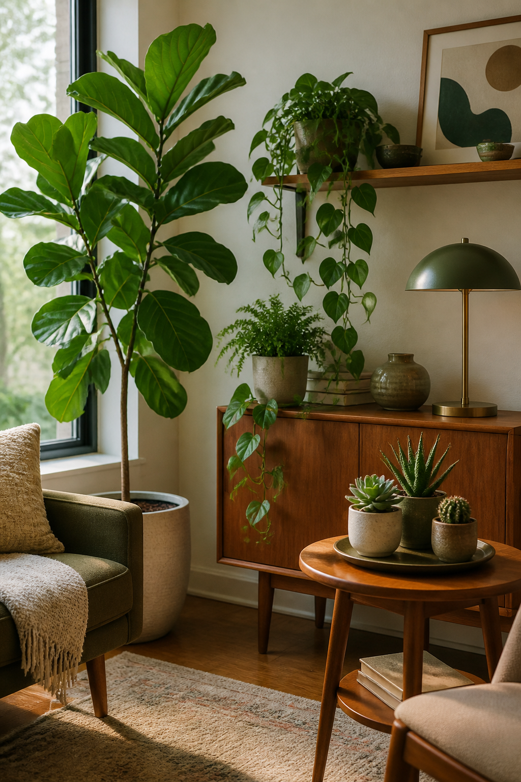 A gradual progression shown through a well-styled living room corner where plants have naturally spread across multiple surfaces - a fiddle leaf fig by the window, trailing pothos on a shelf, and small succulents on a side table, cohesive mid-century modern aesthetic