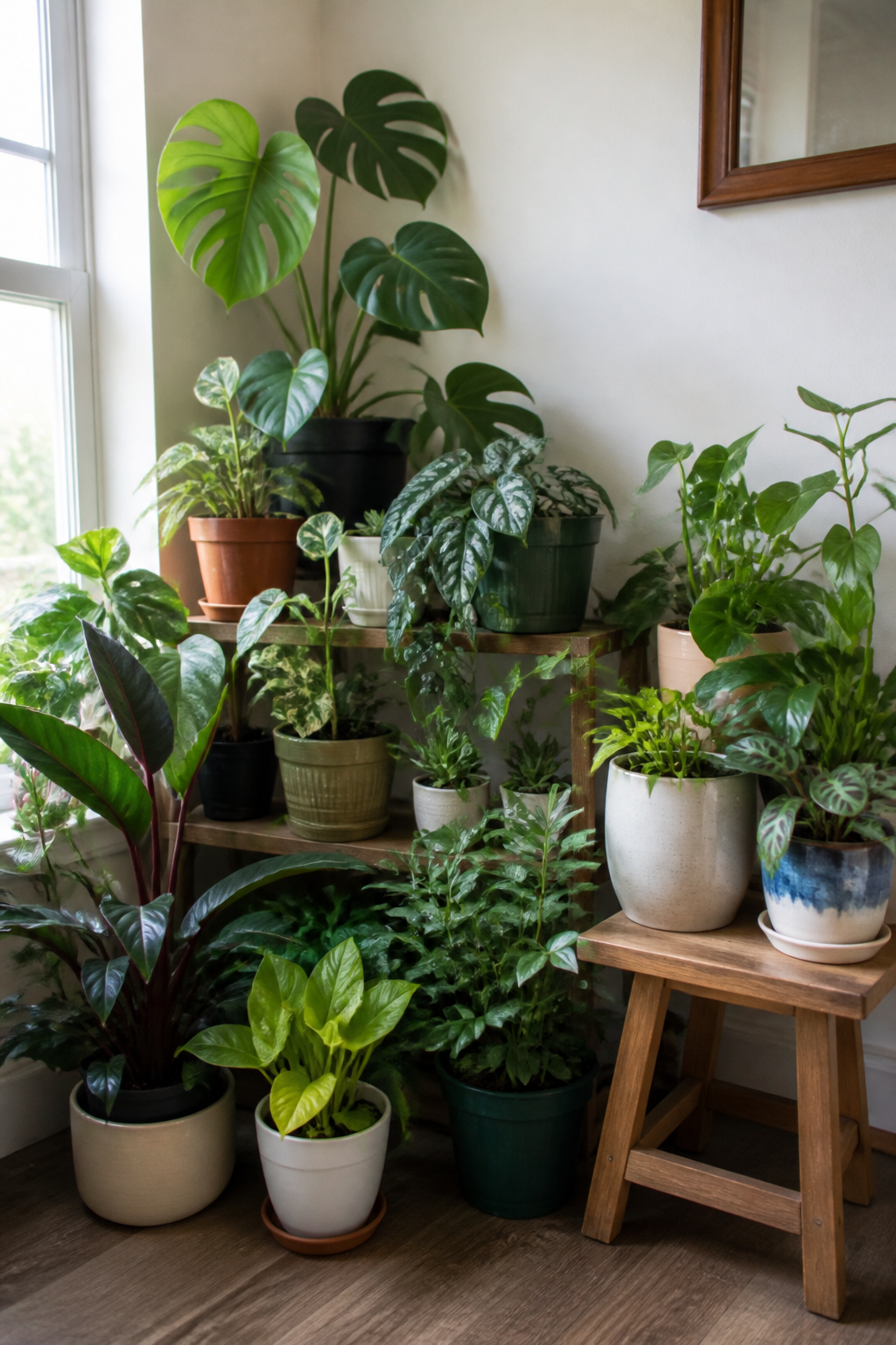 An honest, realistic indoor plant collection in a bright room with various sized plants in mismatched but charming pots - including budget-friendly plastic nursery pots and affordable ceramic planters, showing an attainable and relatable setup