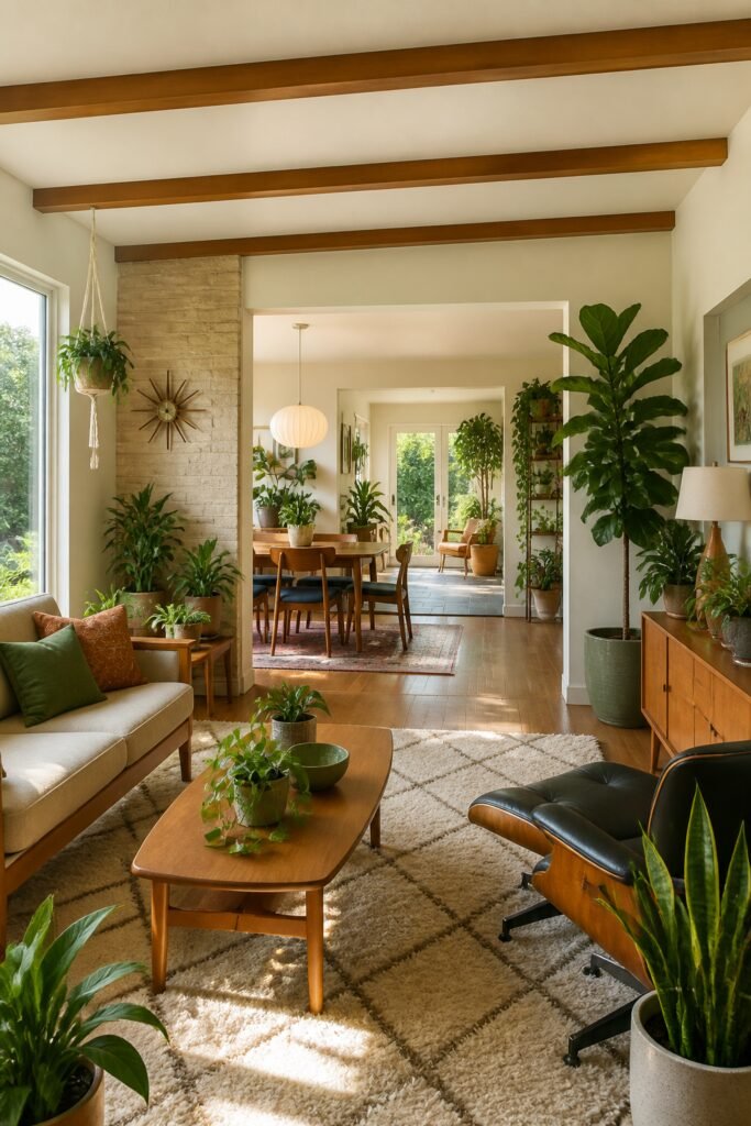 Wide shot of a bright mid-century ranch home interior showing the gradual progression of plants throughout connected rooms, with various sized potted plants strategically placed from foreground to background, demonstrating growth of a collection over time, abundant natural light streaming through windows
