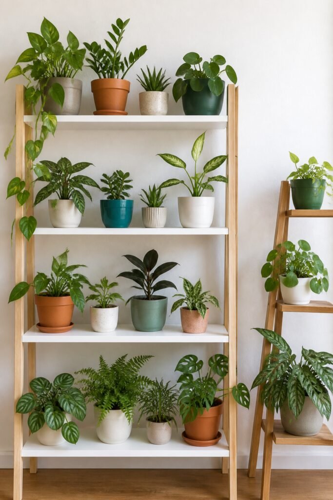 A realistic, budget-friendly plant display on simple IKEA-style shelving or an affordable wooden ladder shelf, featuring an assortment of small to medium common houseplants in mismatched but charming pots, against a plain white wall in natural daylight