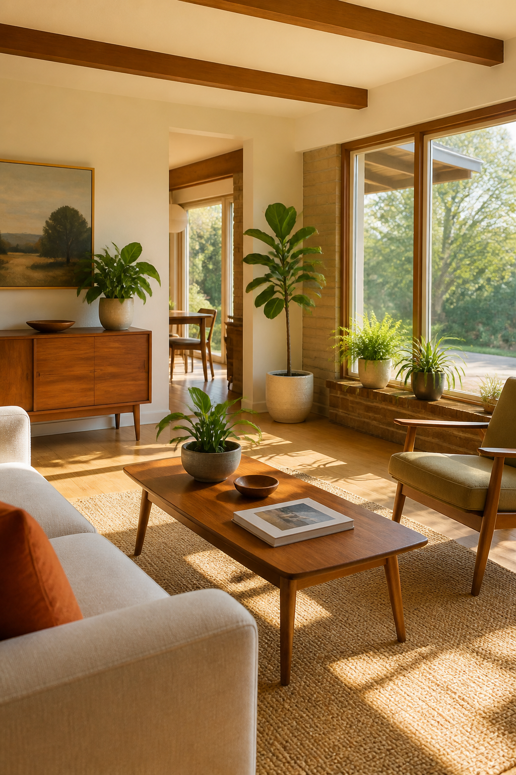 A bright, airy room with floor-to-ceiling windows in a mid-century ranch house, featuring strategically placed medium-sized houseplants that complement the architecture without overwhelming the space, natural wood furniture, warm afternoon light