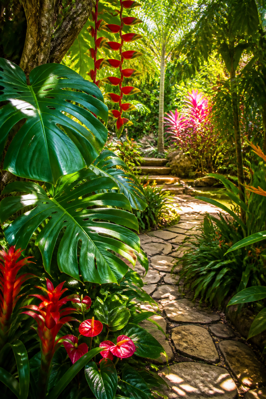 A vibrant Brazilian tropical garden scene with lush monstera leaves, bright flowering plants, and dense green foliage creating a natural jungle atmosphere with dappled sunlight filtering through the canopy
