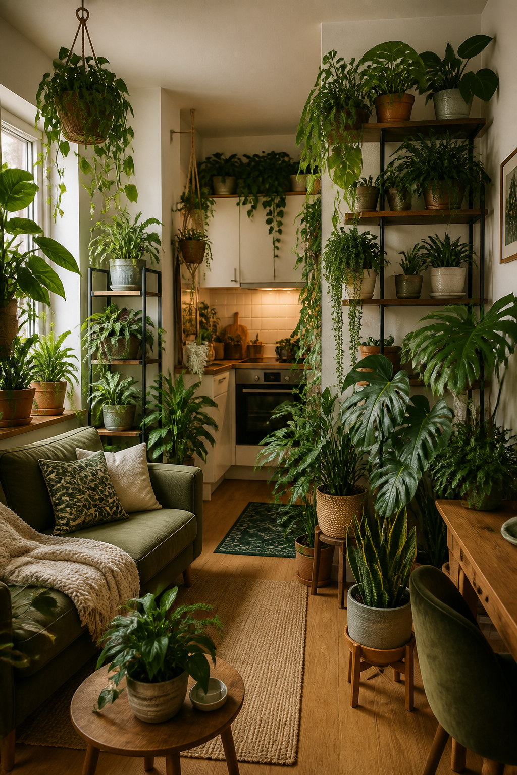 A cozy small apartment interior transformed into an urban jungle with multiple houseplants of varying heights on shelves, hanging planters, and plant stands, showing how to maximize greenery in limited space