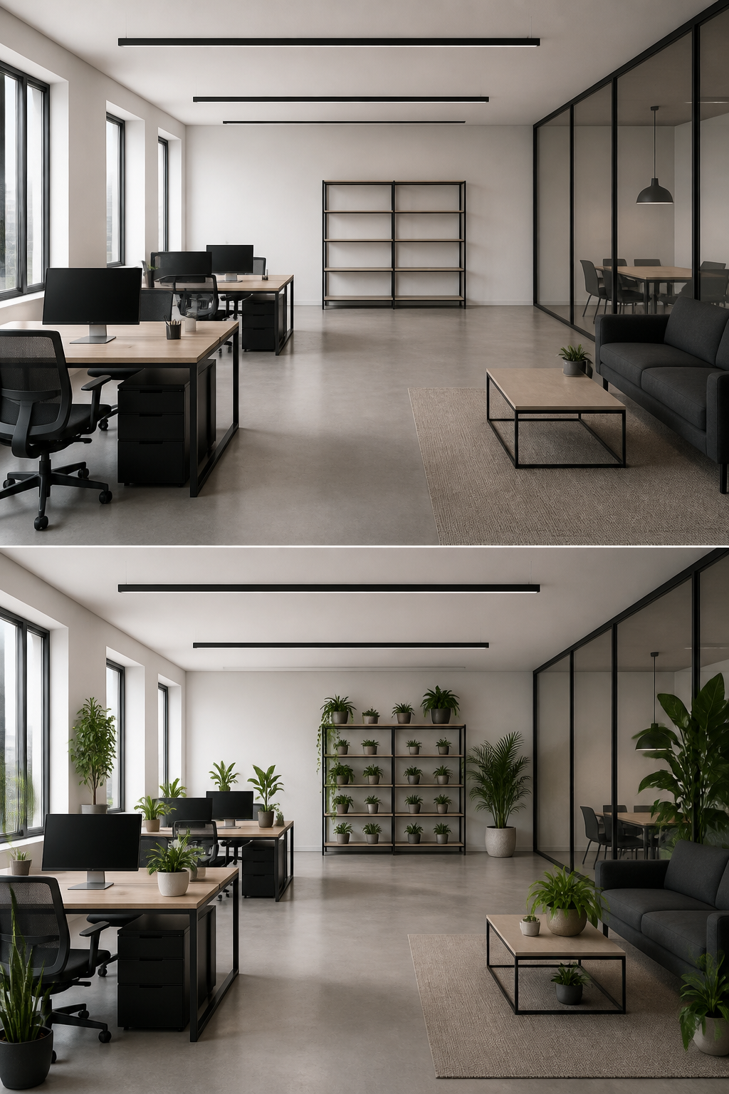 A before-and-after style modern office space where one side shows bare minimal decor and the other side displays the same space filled with strategically placed potted plants on desks, shelves, and corners