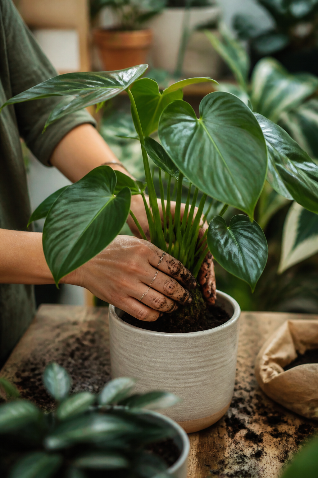 A close-up lifestyle shot of hands repotting or arranging a lush tropical houseplant with rich green leaves, with other plants softly blurred in the background, conveying the hands-on nature of plant care and styling