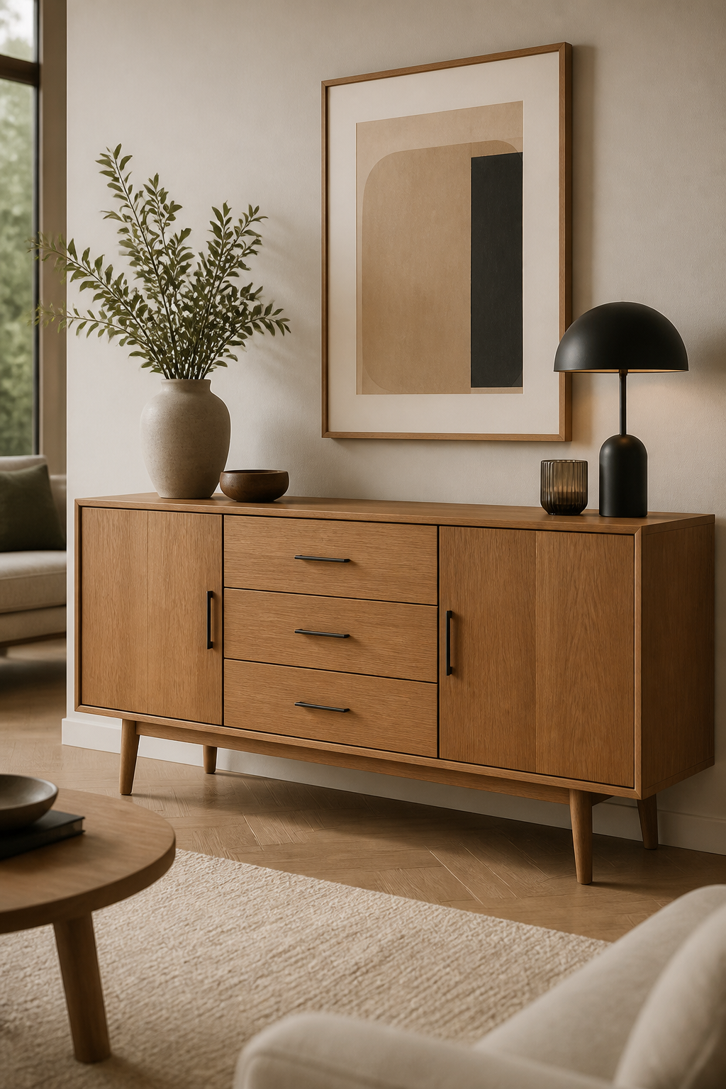 A modern wooden sideboard with three soft-close drawers in a clean, organized living room setting, showcasing the sleek Scandinavian design with warm wood tones and minimalist metal handles