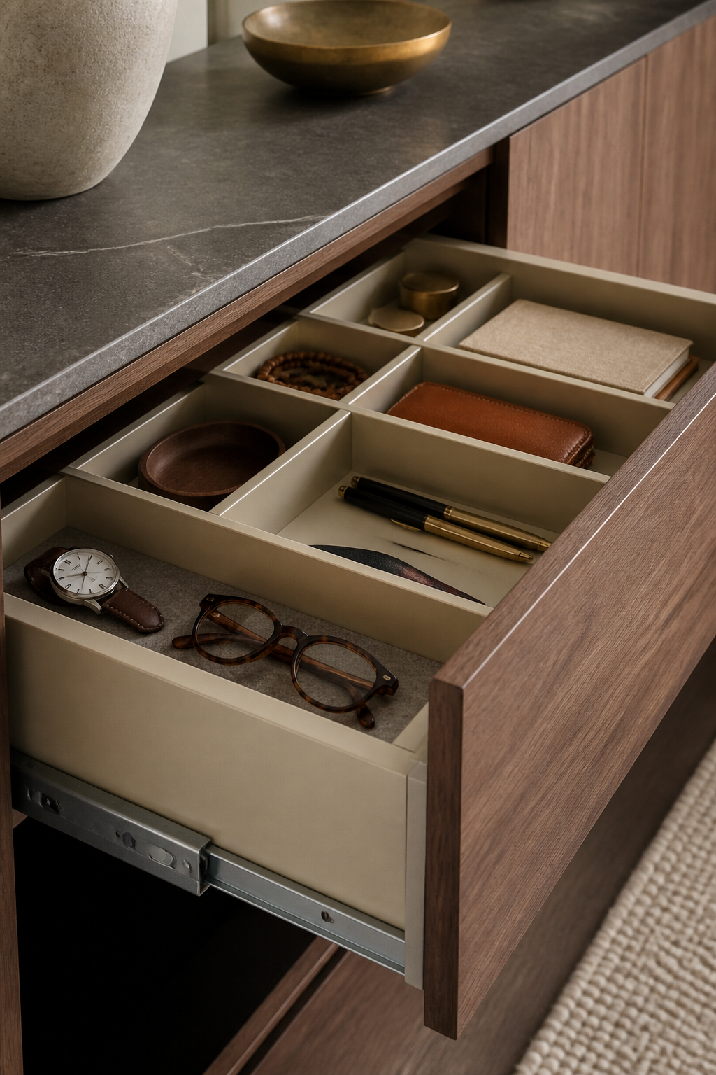 Close-up detail shot of an open sideboard drawer with soft-close mechanism, revealing neatly organized interior storage compartments with various household items arranged systematically