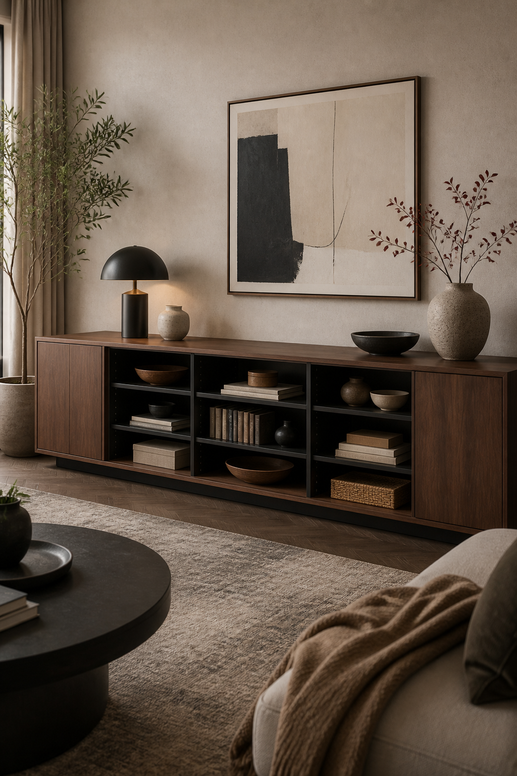 A stylish living room interior featuring a low-profile media console or sideboard against a wall, with adjustable shelving visible inside, displaying the furniture piece as both functional storage and an attractive design element