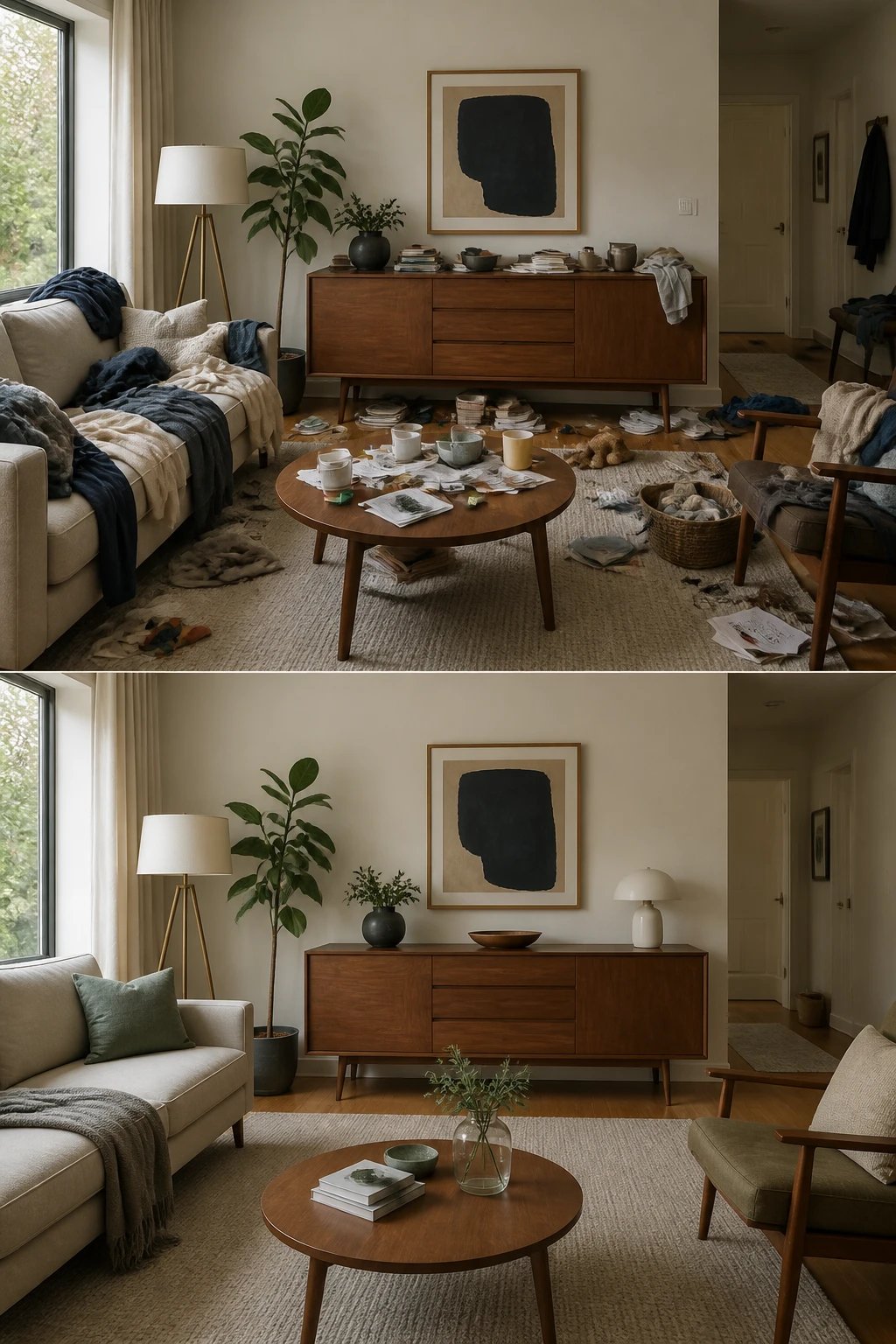 Side-by-side comparison of the same living room space, one side showing disorganized chaos with items everywhere, the other side showing the same room transformed with organized storage furniture and clear surfaces