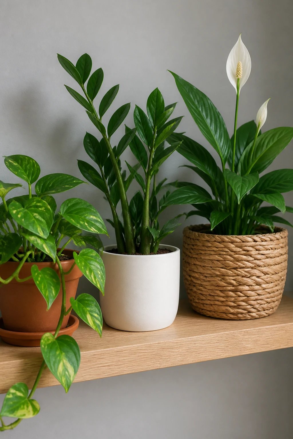 Close-up shot of affordable indoor plants arranged on a light oak floating shelf including a small pothos in a terracotta pot, a ZZ plant in a simple white planter, and a peace lily in a natural woven basket, against a soft grey wall with natural lighting