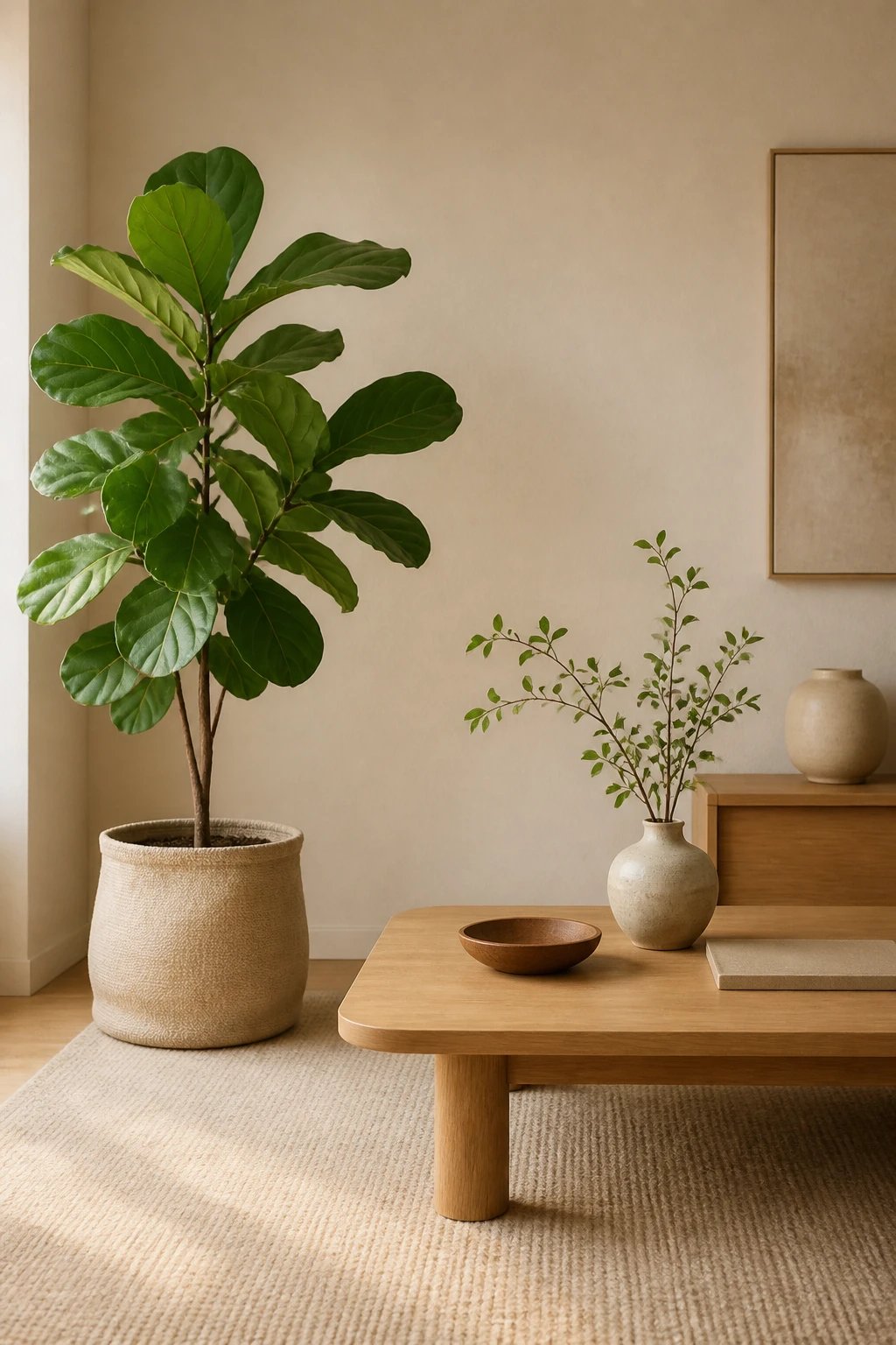 Budget-friendly Japandi plant display showing a fiddle leaf fig in an inexpensive beige fabric pot standing next to a low-profile Japanese-style coffee table made of light wood, with a neutral linen rug underneath and cream-colored walls in the background