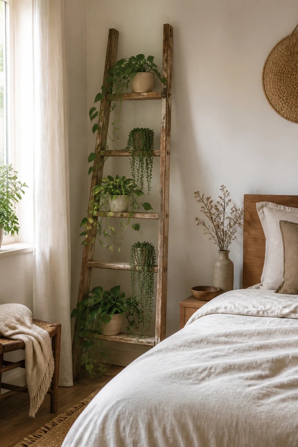A serene bedroom scene with a secondhand wooden ladder leaning against a wall, repurposed as a plant stand holding various trailing plants like string of pearls and pothos in simple ceramic pots, soft natural morning light, muted white and tan color palette