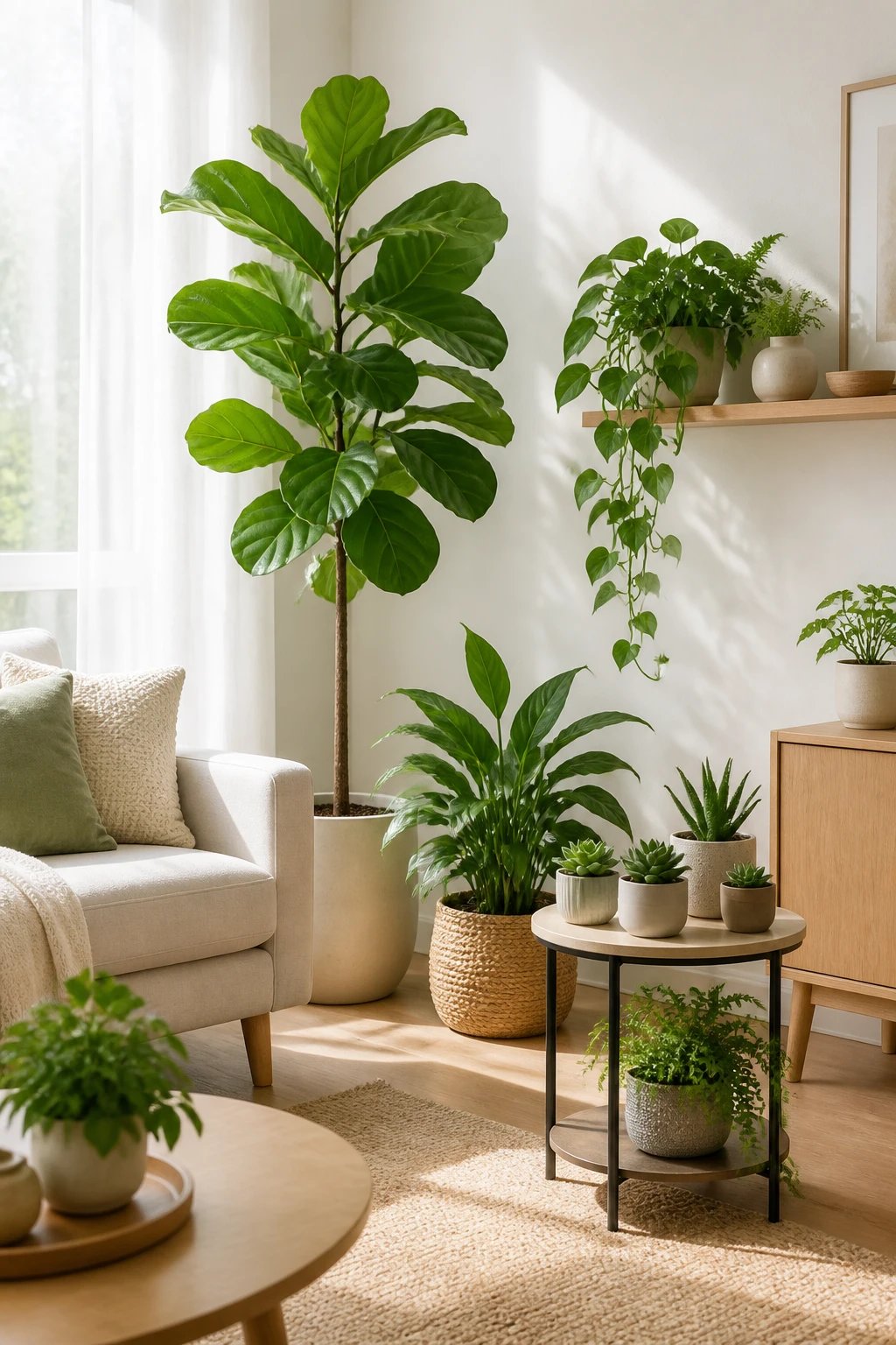 A bright, airy living room corner with multiple lush houseplants at varying heights including a tall fiddle leaf fig tree, trailing pothos on a floating shelf, and a cluster of small succulents on a modern side table, natural sunlight streaming through sheer white curtains, minimalist Scandinavian-style furniture