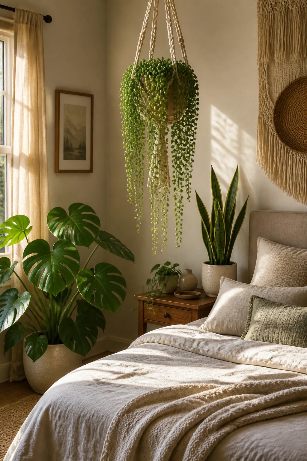 A cozy bedroom with a dramatic hanging macrame planter suspending a cascading string of pearls plant above a neutral-toned bed, additional snake plants and monstera deliciosa in ceramic pots on the nightstand and floor, soft morning light creating gentle shadows