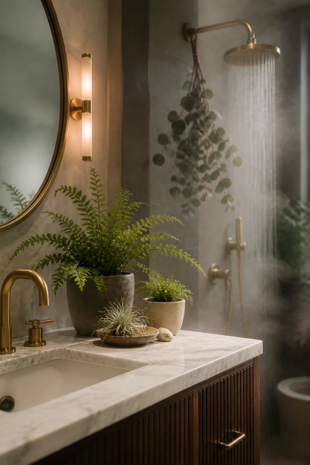 A modern bathroom vanity styled with small potted ferns and air plants arranged on white marble countertop next to brass fixtures, eucalyptus hanging from a brushed gold shower head, steam creating a spa-like atmosphere with natural humidity