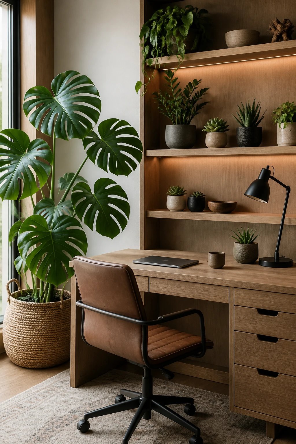 A stylish home office workspace featuring a large monstera plant in a woven basket planter next to a wooden desk, small potted succulents and a ZZ plant on built-in shelving, creating a productive yet calming work environment with natural wood tones