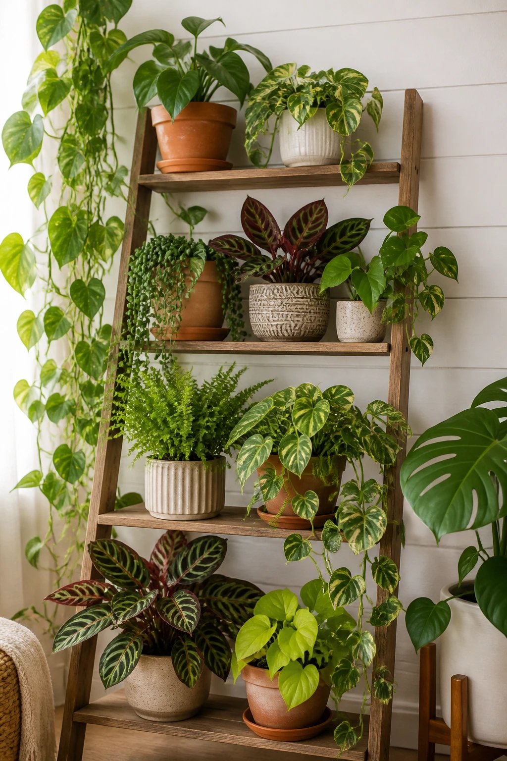 An Instagram-worthy plant shelf or ladder display showcasing a curated collection of varied houseplants including prayer plants, philodendrons, pothos, and ferns in coordinating terracotta and ceramic planters at staggered heights, creating a lush indoor jungle wall against white shiplap
