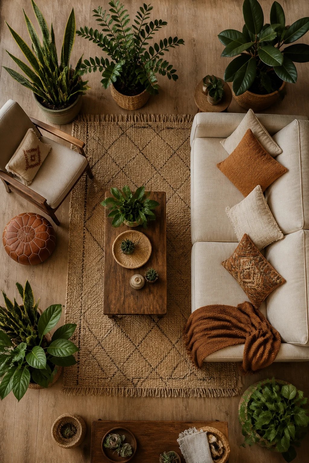 Overhead flat lay view of budget plant accessories arranged on light wood surface including small terracotta pots, simple white ceramic planters, natural jute twine, propagation jars, and pruning shears, embodying minimal Japandi aesthetic with neutral earth tones
