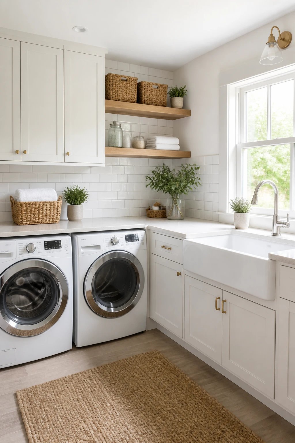 Modern bright laundry room with white shaker cabinets, brass hardware, front-loading washer and dryer, white subway tile backsplash, floating wood shelves with wicker baskets, and a farmhouse sink with a chrome faucet, natural light streaming through window