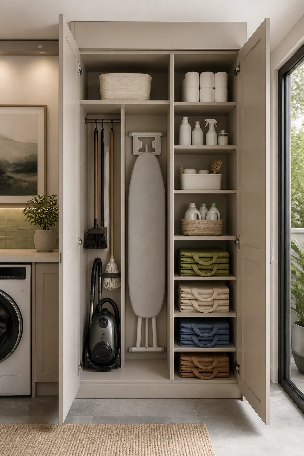 Tall floor-to-ceiling utility cabinet with open doors revealing organized cleaning supplies, vacuum cleaner, broom, mop, ironing board, and neatly stacked reusable grocery bags on adjustable shelves in a contemporary laundry room