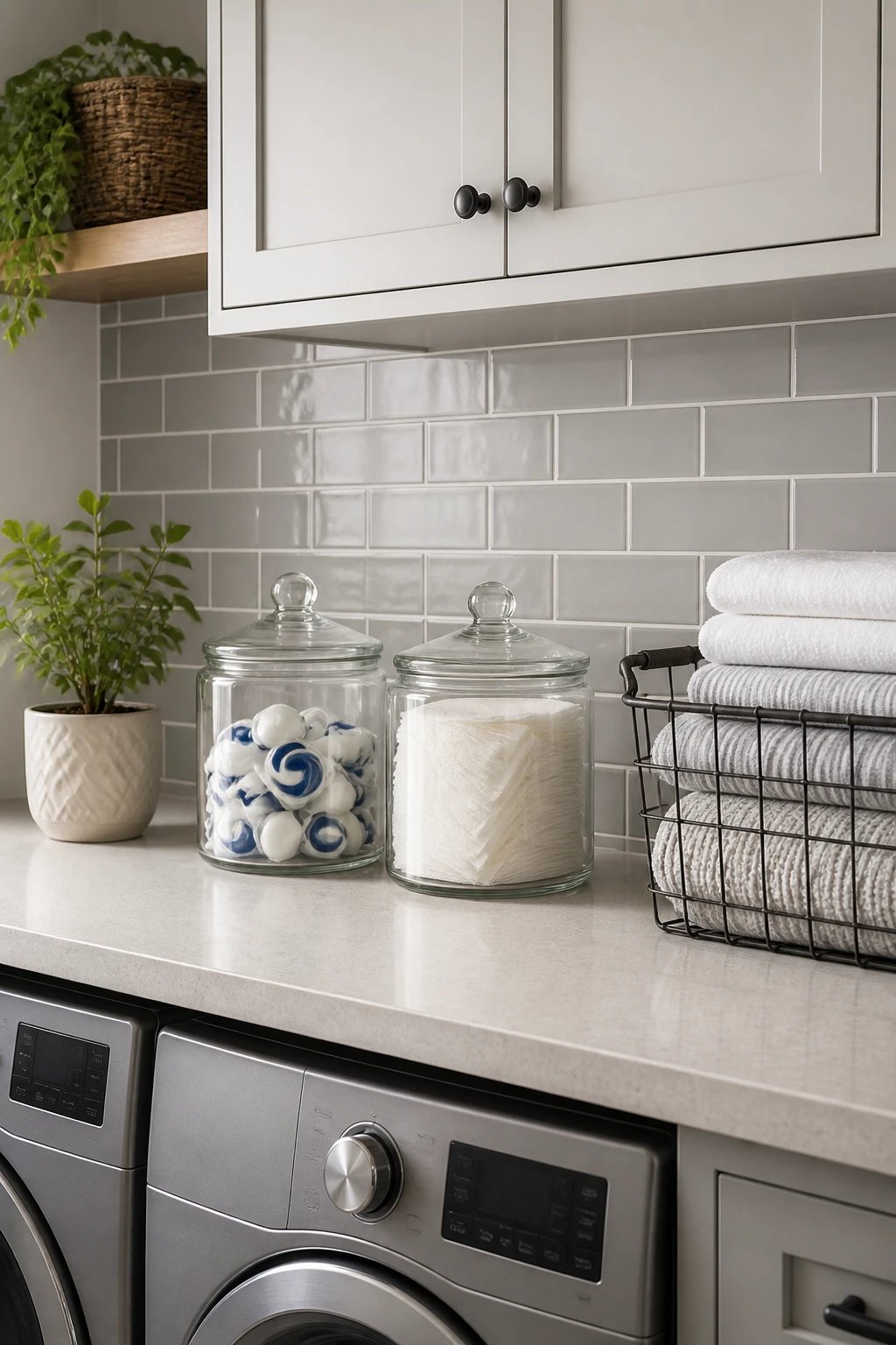 Organized laundry room countertop with matching glass jars containing detergent pods and dryer sheets, wire basket with fresh folded linens, small potted plant, and subway tile backsplash in soft gray