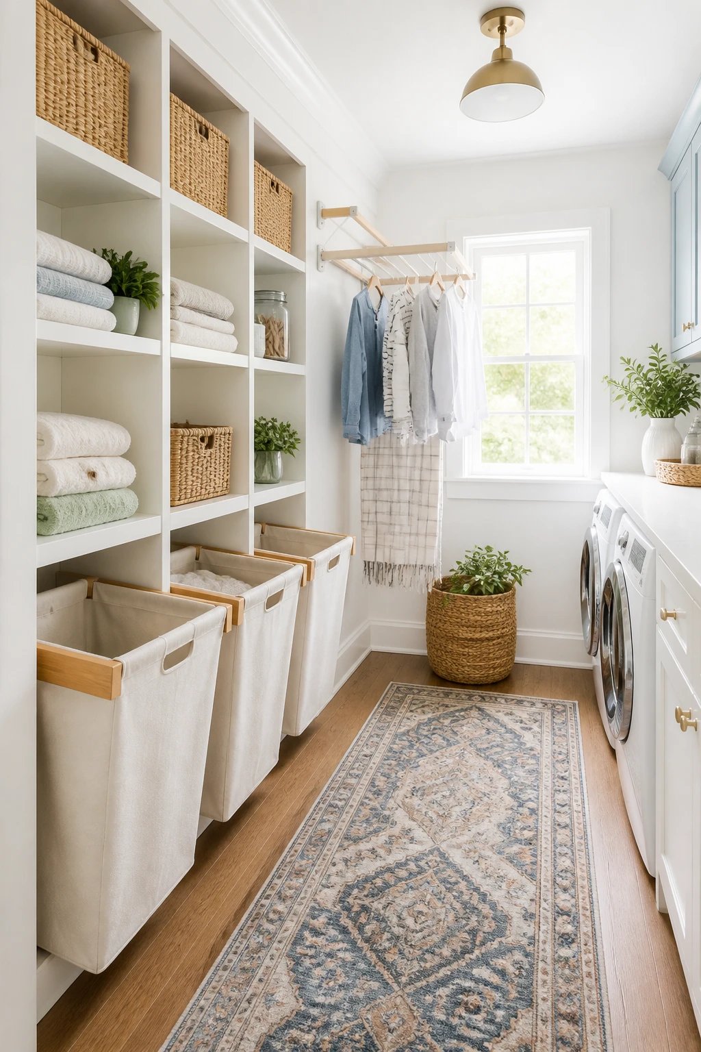 Bright and airy laundry room with built-in storage cubby system featuring labeled wicker baskets, pull-out hamper drawers, wall-mounted drying rack with hanging clothes, and a cozy patterned runner rug on hardwood flooring