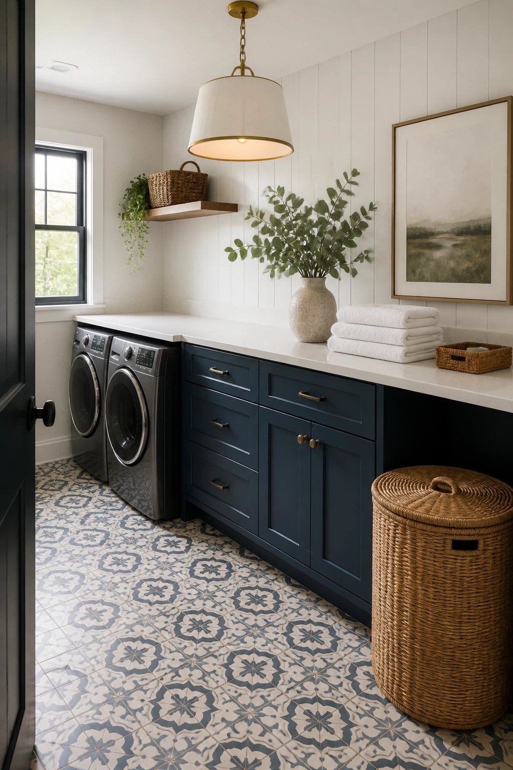 Stylish laundry room with patterned cement floor tiles, dark blue lower cabinets, white countertop for folding, modern pendant light fixture, and decorative eucalyptus in a ceramic vase next to stacked white towels