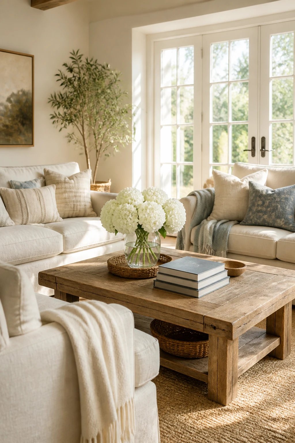 A bright, airy living room with cream-colored linen sofas, natural light streaming through white French doors, a rustic wooden coffee table styled with a stack of hardcover books and a glass vase of white hydrangeas, and soft throw blankets casually draped over the armrests