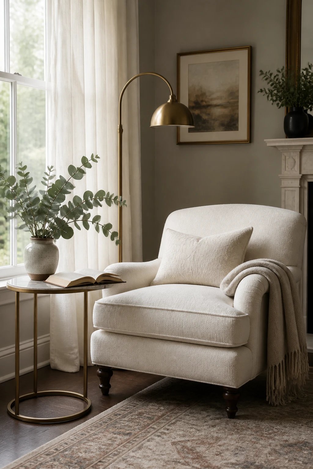 An elegant living room corner featuring a plush upholstered reading chair in ivory fabric next to a tall window with flowing sheer curtains, a brass floor lamp arching overhead, and a side table with a ceramic pot of fresh eucalyptus stems and a open novel