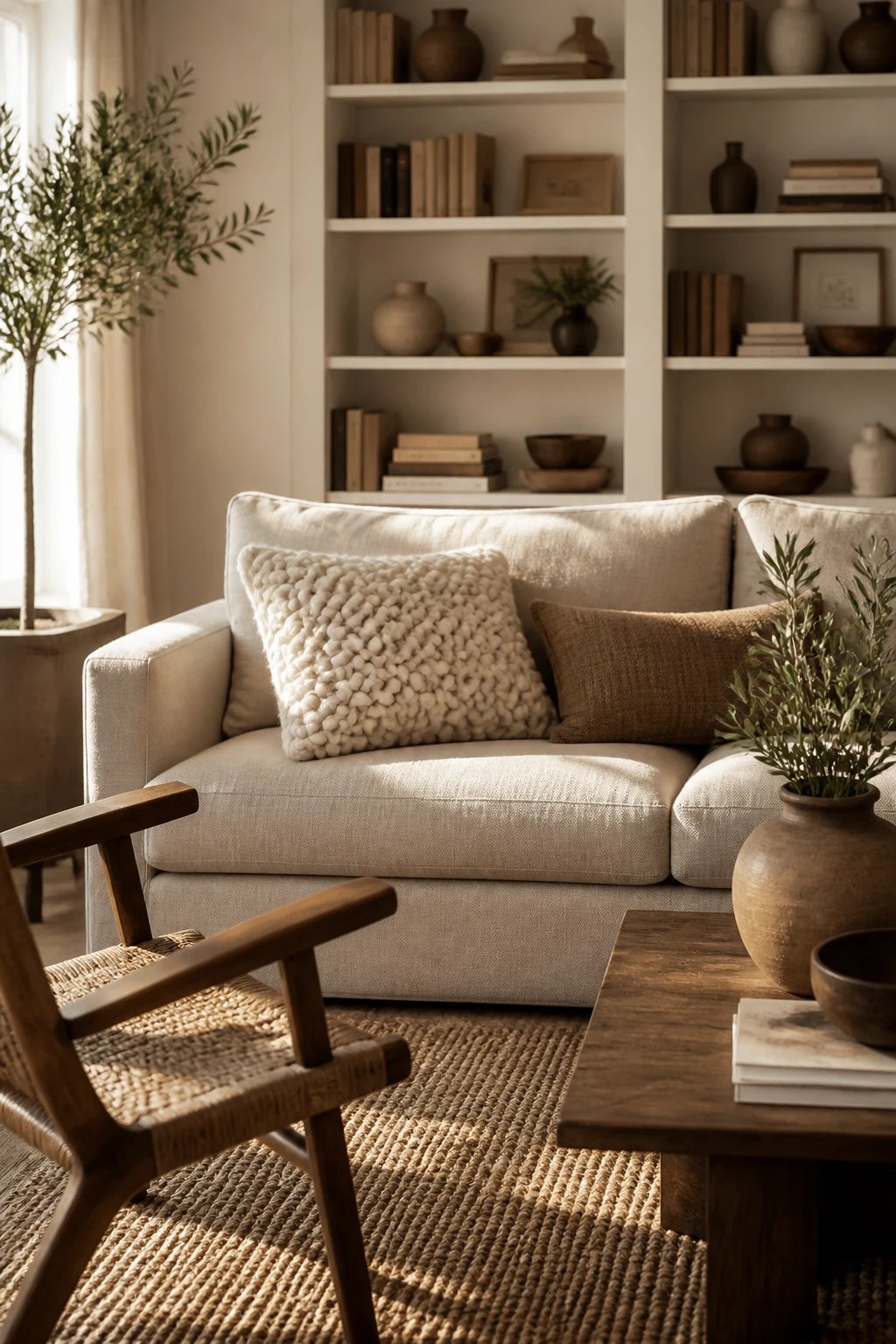 A sophisticated neutral living room with layered textures including a chunky knit throw pillow on a beige sofa, a woven jute rug underneath, built-in white bookshelves filled with books and pottery in the background, and afternoon sunlight creating soft shadows