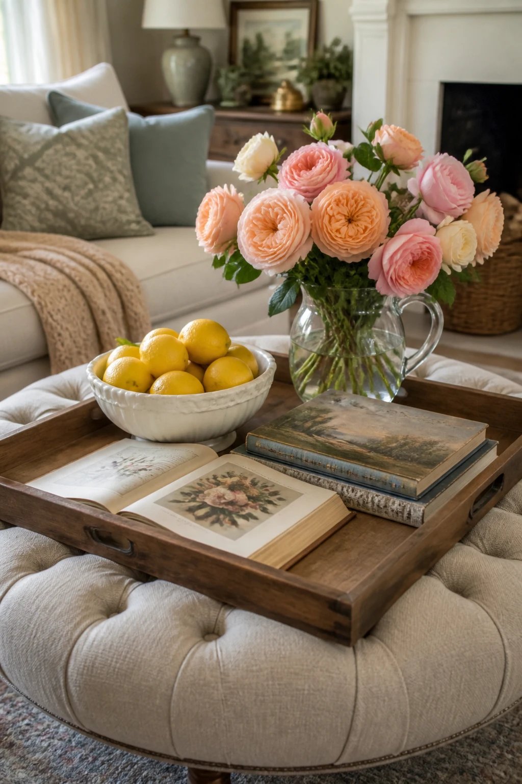 A cozy living room vignette showing a tufted ottoman serving as a coffee table, topped with a wooden tray holding a white ceramic bowl of lemons, fresh garden roses in a simple glass pitcher, and vintage coffee table books spread artfully