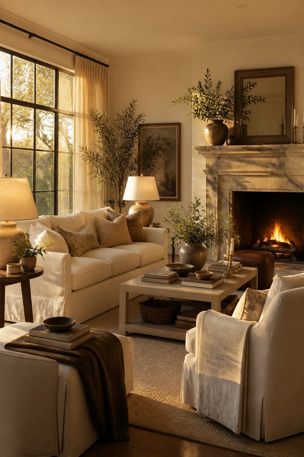 A warmly lit living room at golden hour with oversized windows, a mix of cream and white furniture, a stone or marble fireplace with greenery arranged on the mantel, table lamps with linen shades glowing softly, and collected accessories creating an effortlessly layered look