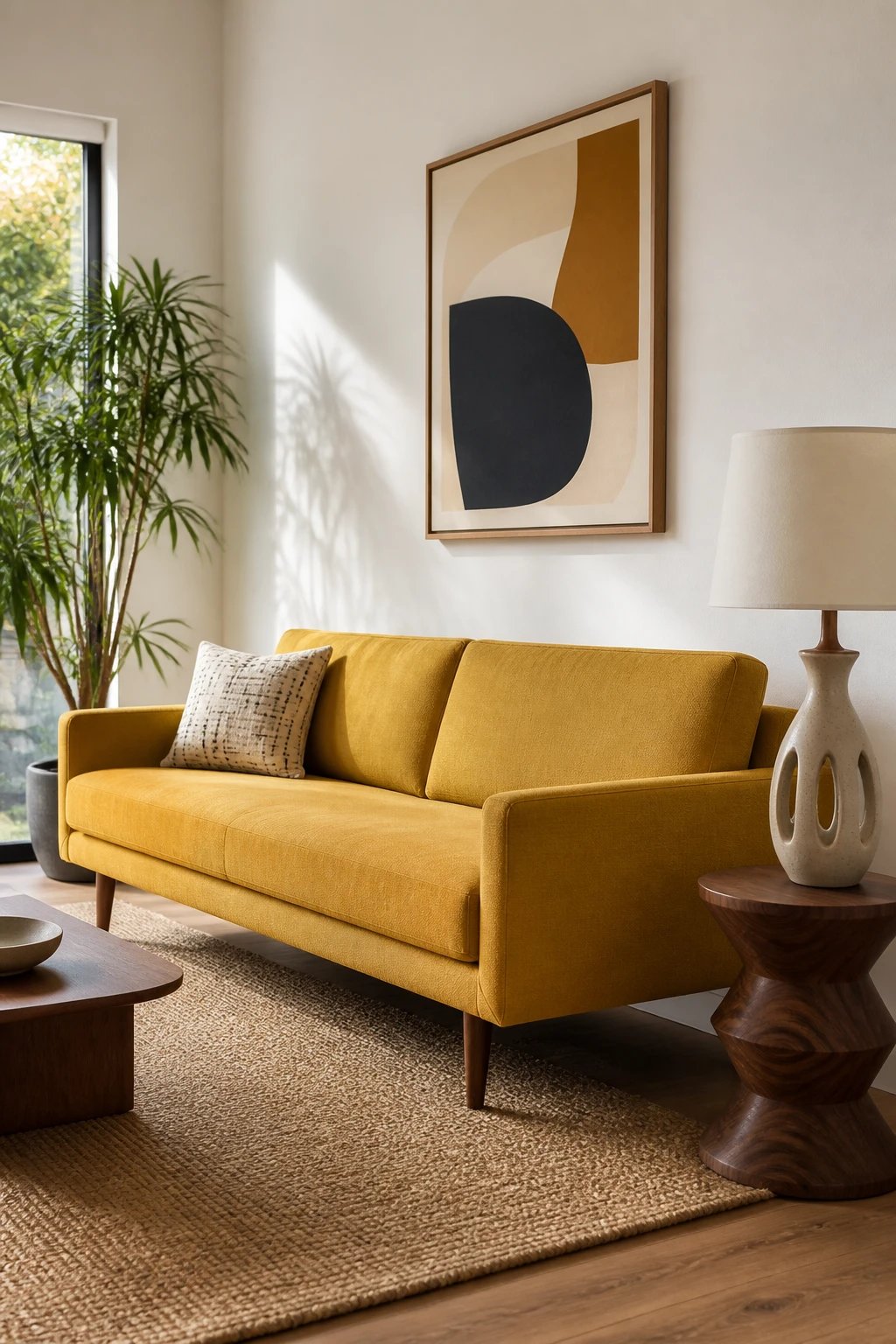 A clean-lined low-profile sofa in mustard yellow with tapered wooden legs positioned against a white wall, accompanied by a sculptural walnut side table and a ceramic table lamp with an atomic-age inspired base, shot from a 45-degree angle in natural afternoon light