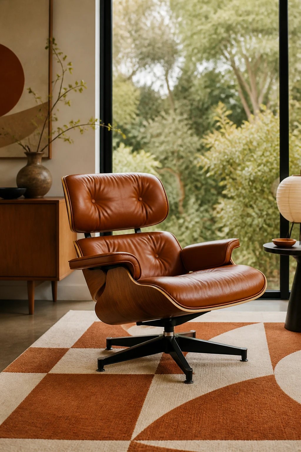An iconic Eames-style lounge chair in rich cognac leather with molded plywood backing, positioned on a geometric patterned area rug in burnt orange and cream tones, with a floor-to-ceiling window showing greenery in soft focus behind it