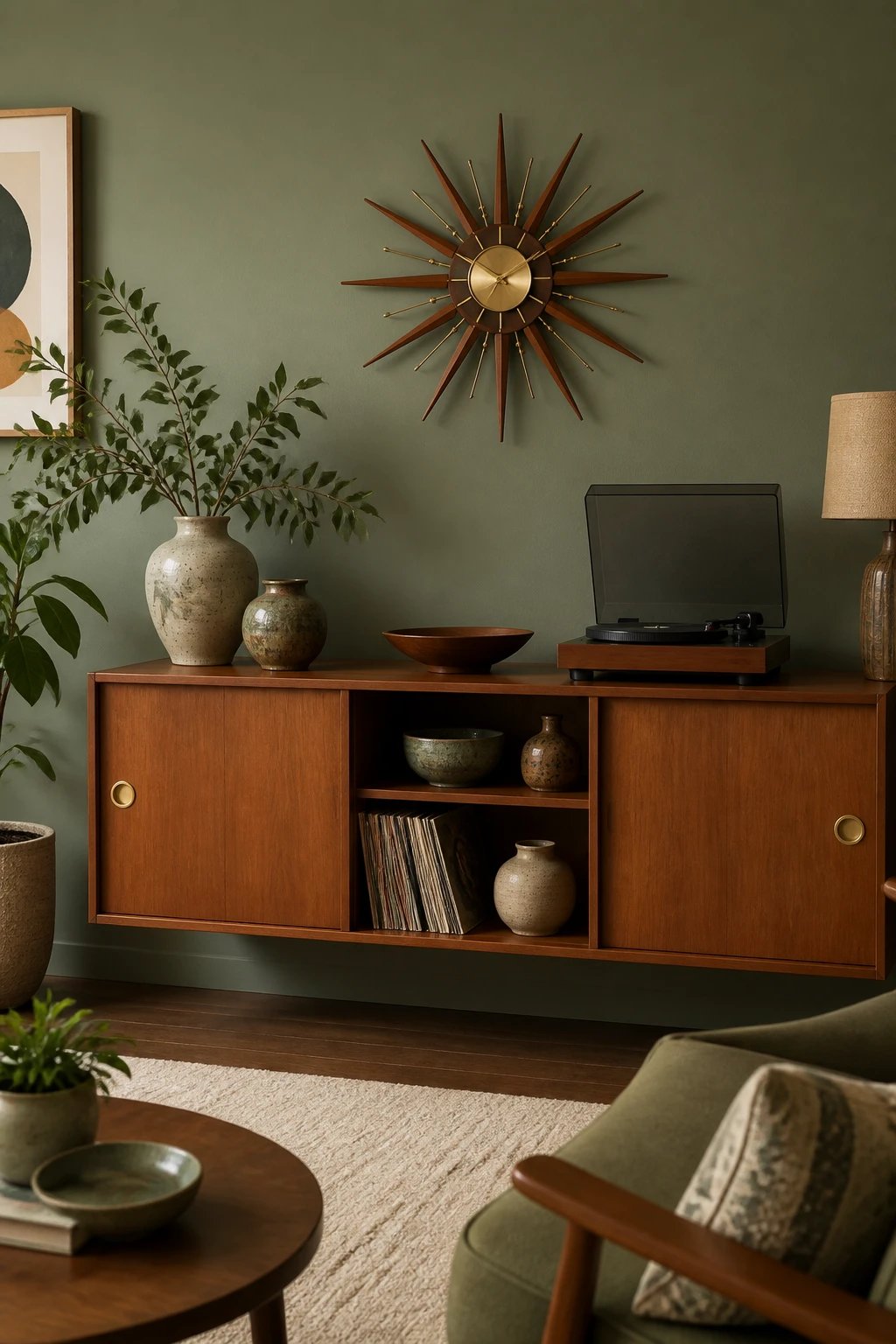 A living room vignette featuring a teak credenza with sliding doors and brass pulls displaying ceramic pottery and a vintage record player, floating against a sage green accent wall with a starburst clock mounted above it