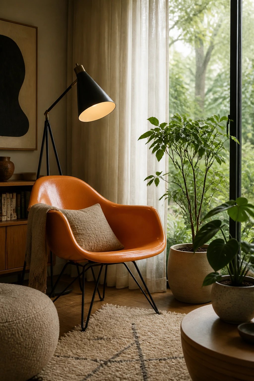 A cozy reading nook with a sculptural orange fiberglass shell chair on hairpin legs, positioned next to a tripod floor lamp with a cone shade, overlooking a large window with sheer curtains and indoor plants in ceramic planters
